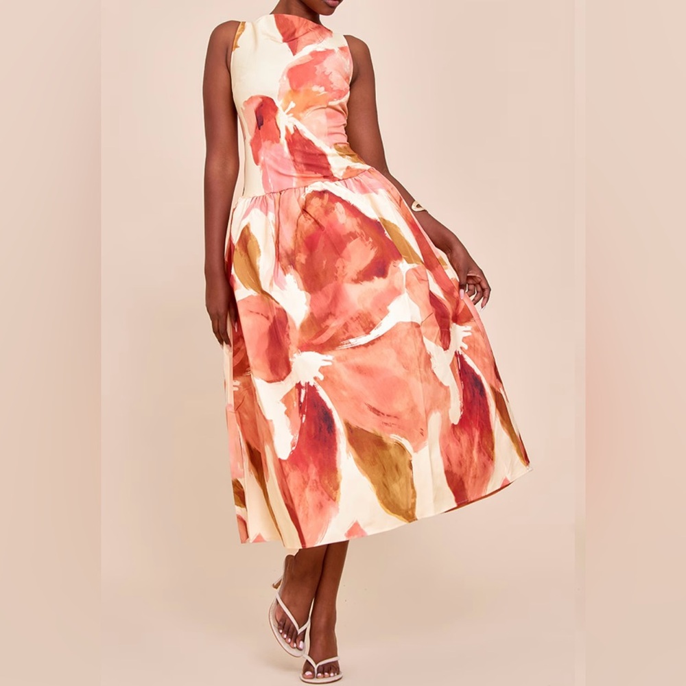 PINK FLORAL PRINT DROPPED WAIST MIDAXI DRESS